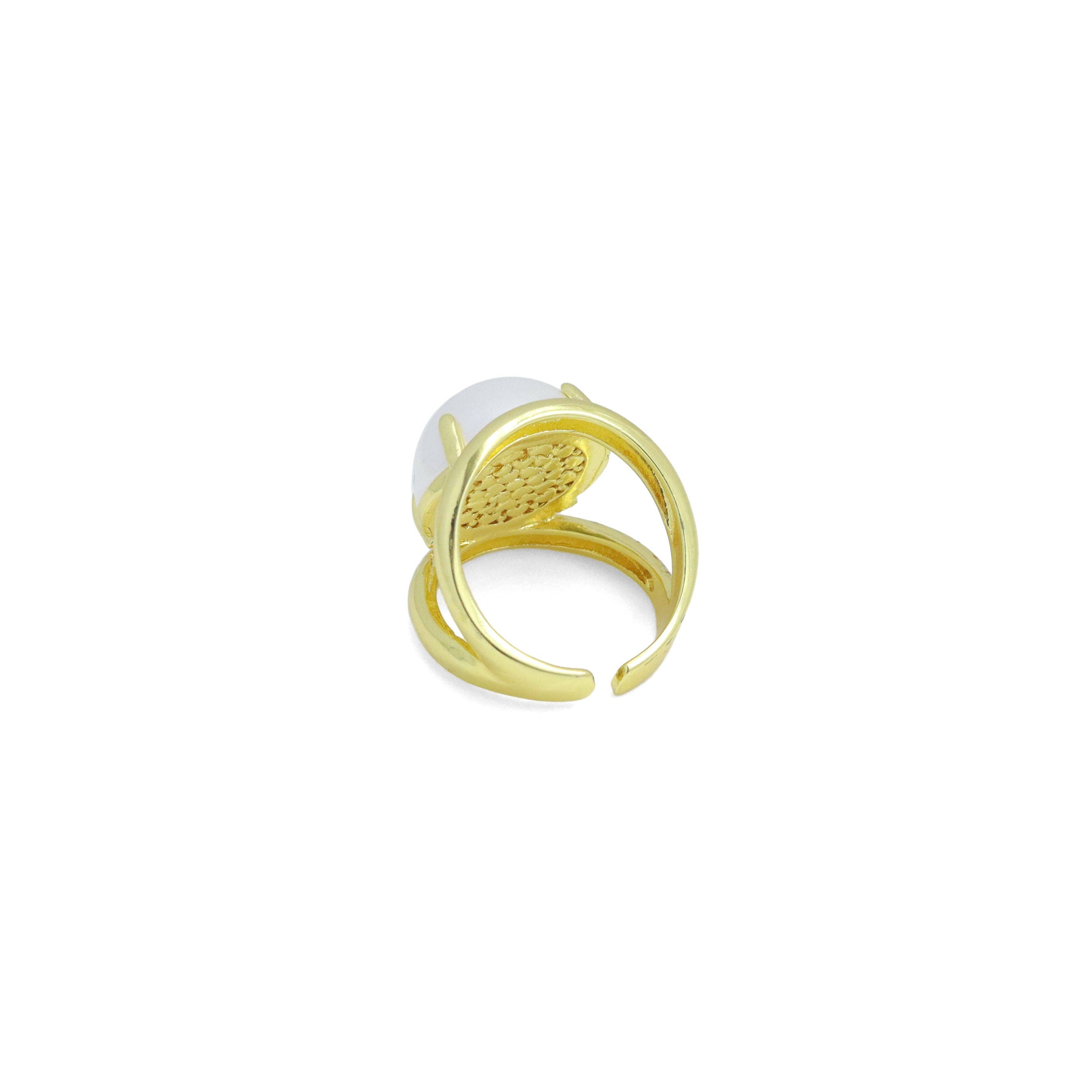 Gold Silver Large White Pearl Statement Adjustable Ring, Sku#LX768