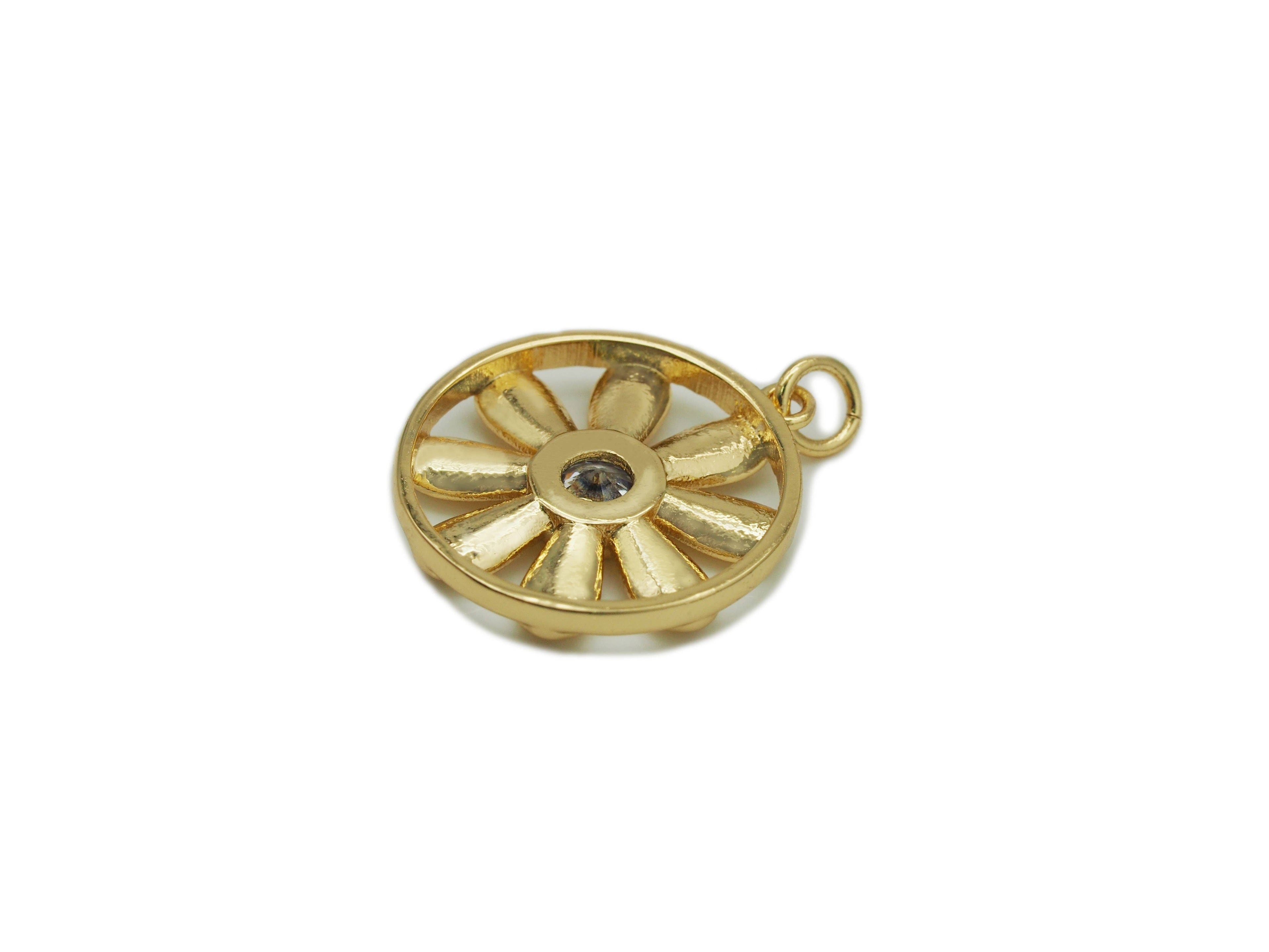 CZ Sunflower On Round Coin Charm, Sku#L647