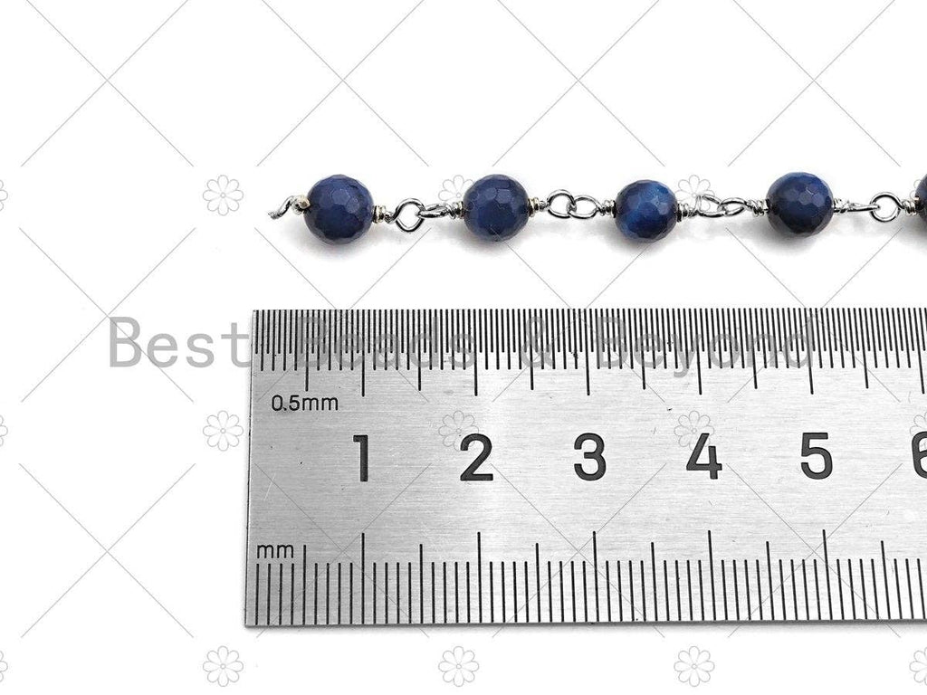 Mystic Blue Agate Faceted Tiger Eye Rosary Chain, 6mm Beaded Chain, Wire Wrapped Silver Plated Chain,Sku#V92