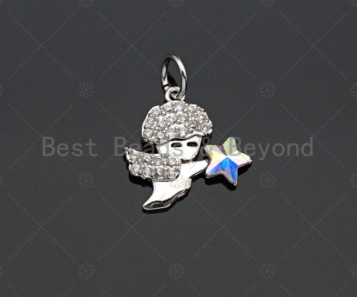 Clear CZ Micro Pave Cupid With Star Shape Pendant,Cubic Zirconia Cupid Charm,Gold/Silver/Rose Gold Tone,14x14mm,sku#Y340