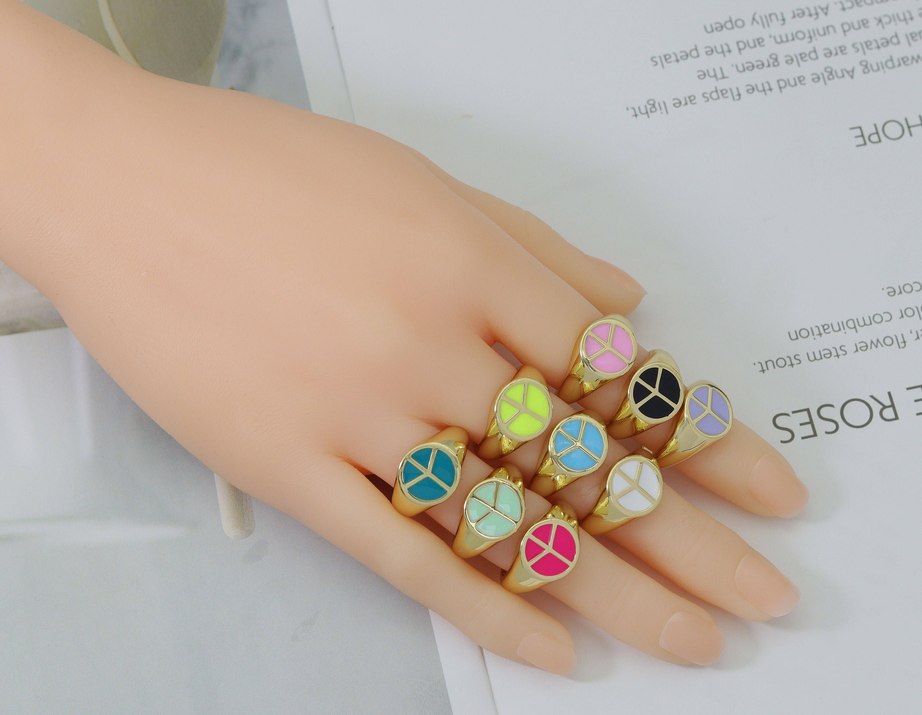 Enamel Peace Sign On Round Adjustable Ring, Sku#X325