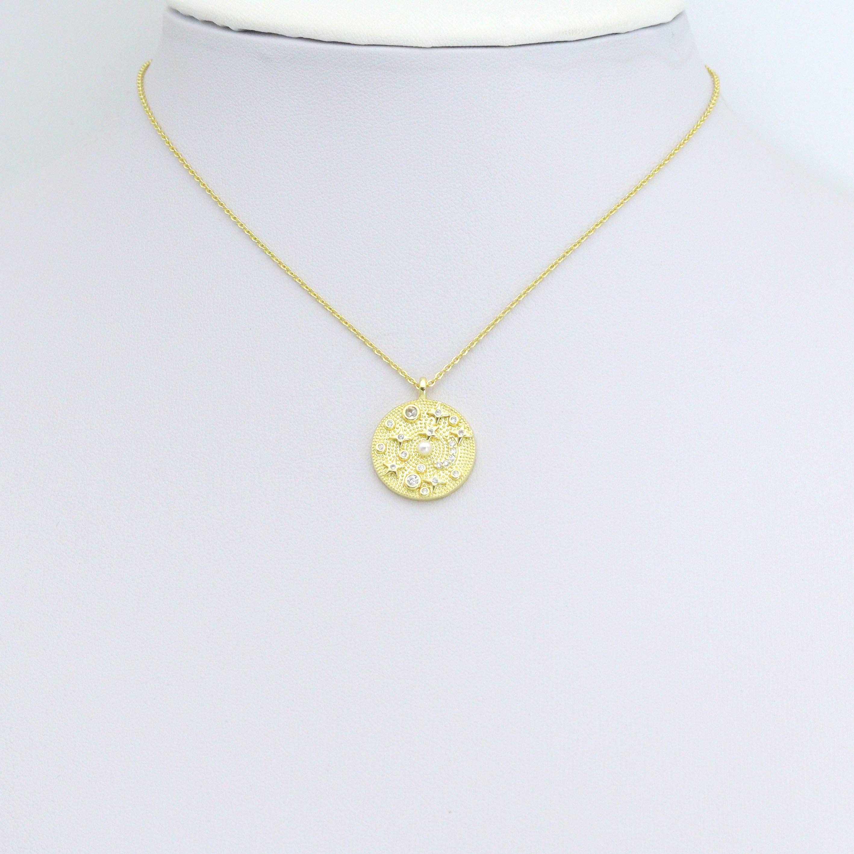 Clear CZ Pearl Moon Star Coin Charm Pendant,Sku#LX861