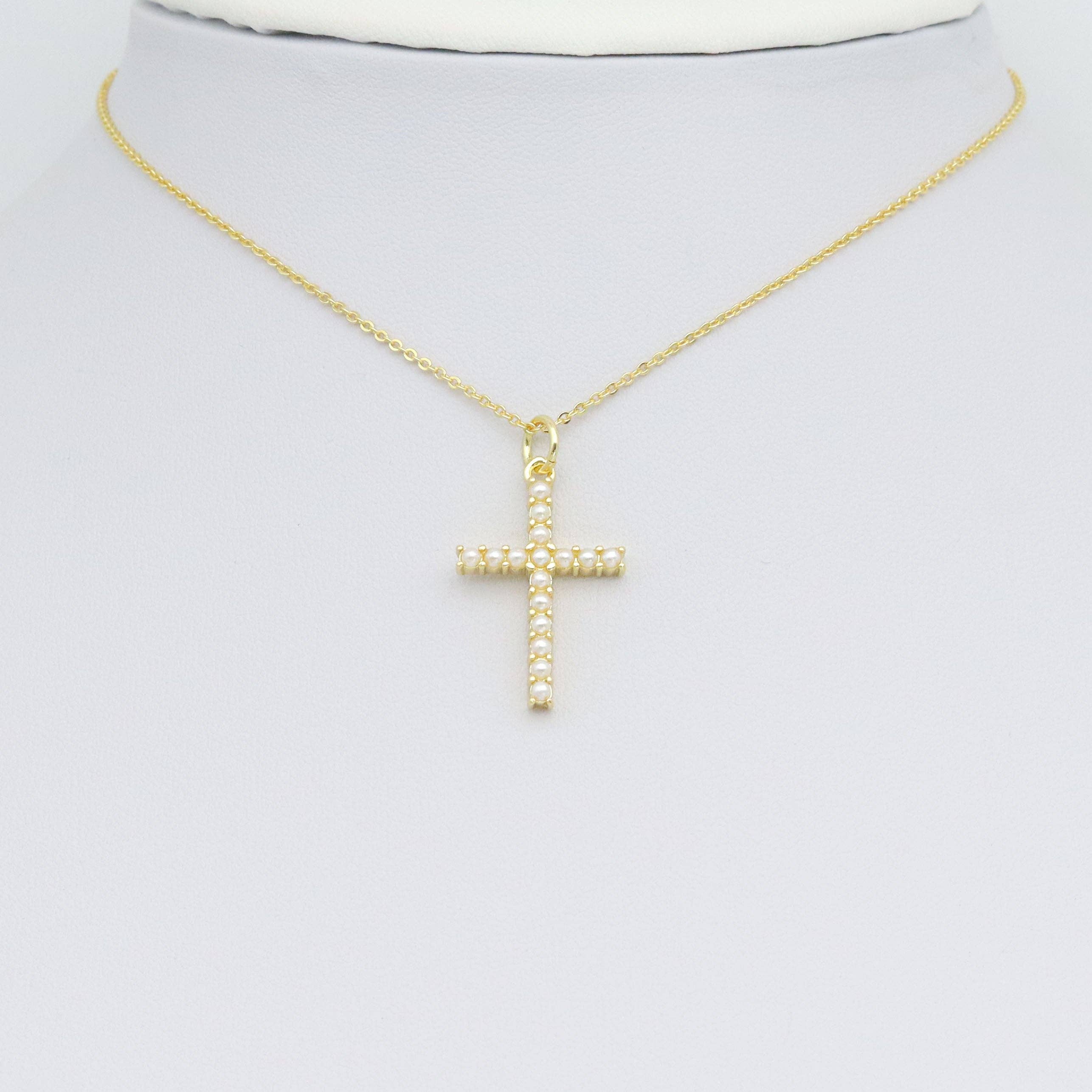 White Pearl Gold Silver Cross Shape Charm Pendant, Sku#LX740