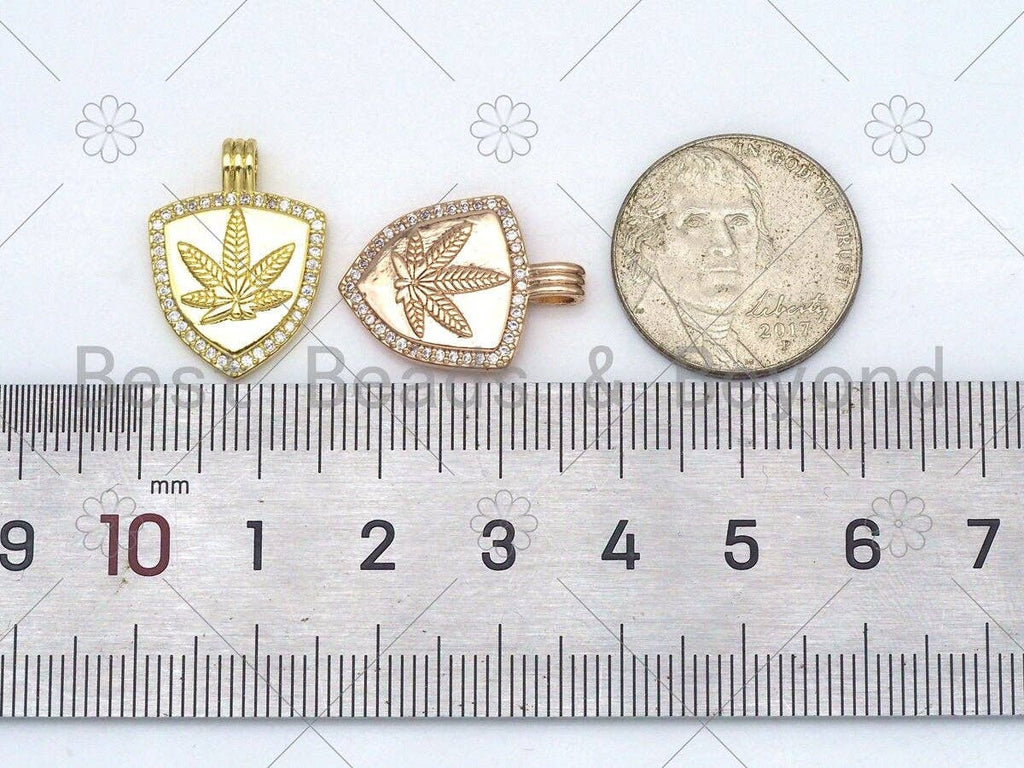 CZ Micro Pave Maple Leaf On Shield Shape Pendant, Gold/Silver/Rose Gold Shiled Charm, Necklace Bracelet Charm Pendant, 21x15mm,Sku#Y483