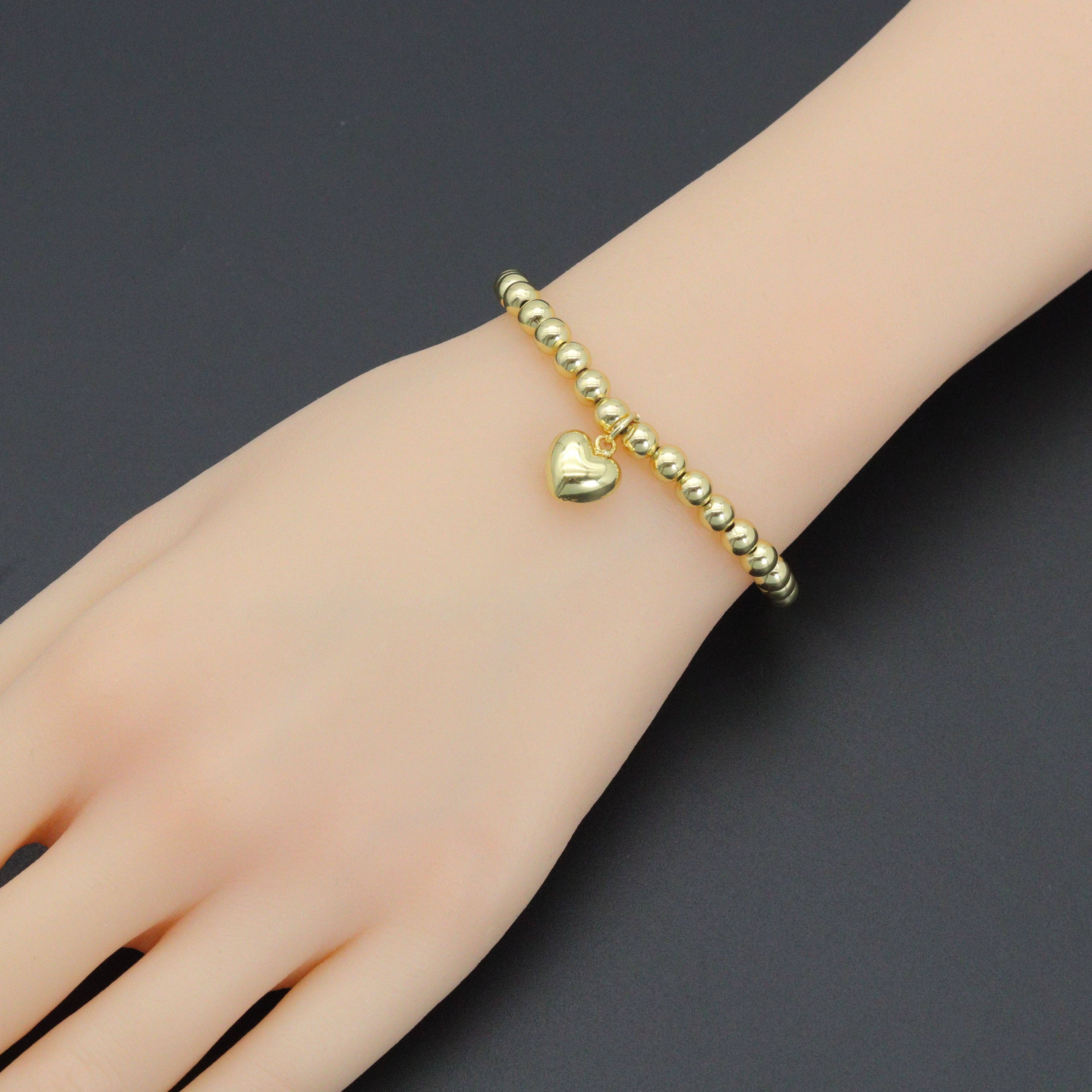 Gold Hematite Ball Beads with Puffy heart stretchy Bracelet, Sku#L726