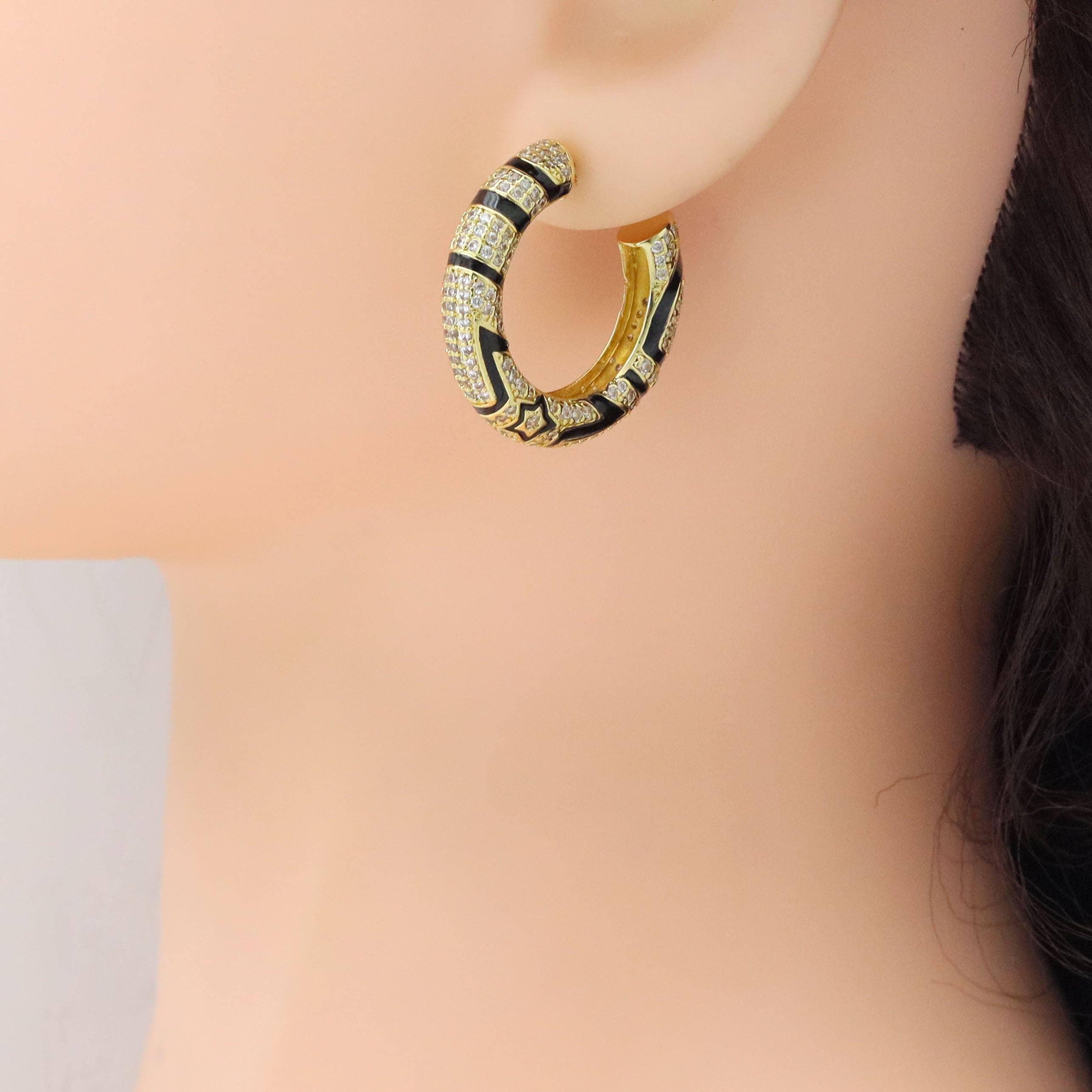 Gold Silver Black Enamel Print Hoop Earrings, Sku#A367