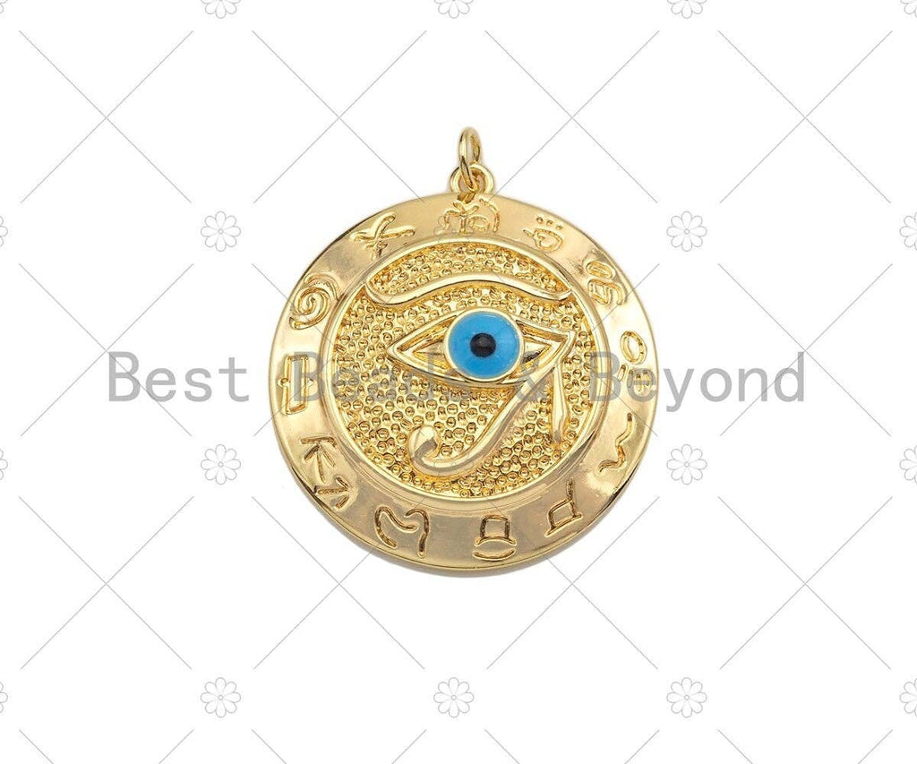 CZ Micro Pave Turquoise Blue Evil Eye On Round Coin Pendant,Cubic Zirconia Medallion Charm, Necklace Bracelet Pendant,30x33mm, Sku#L428