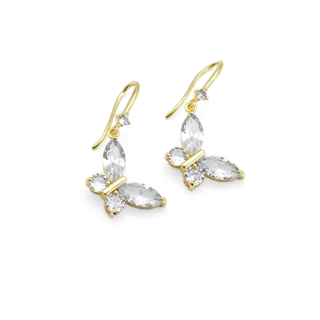 Gold Crystal CZ Butterfly Dangle Earrings, Sku#LK840