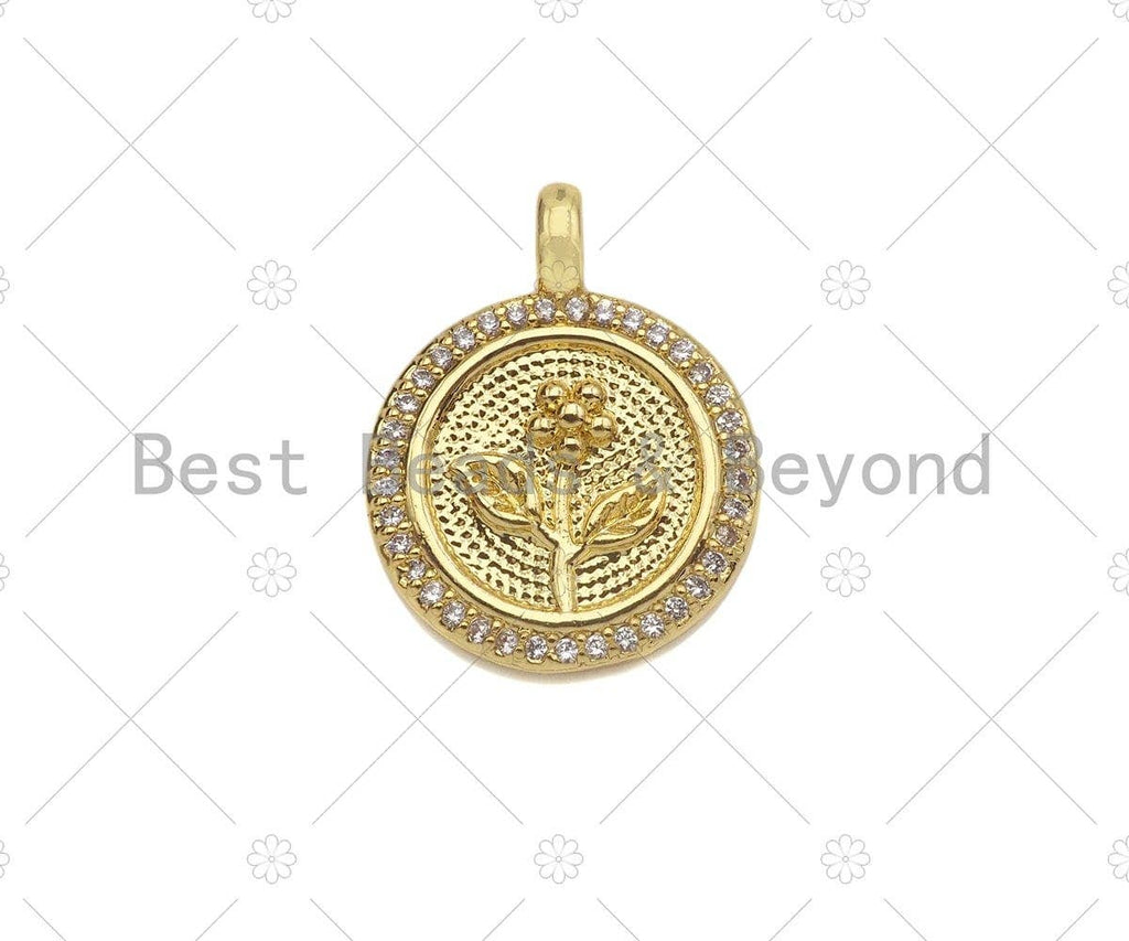 CZ Micro Pave Rose Flower On Coin Shape Pendant/Charm,18K Dianty Gold Medallion Charm, Necklace Bracelet Charm Pendant,15x19mm, Sku#LK251
