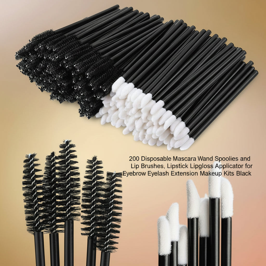 200 Disposable Mascara Wand Spoolies and Lip Brushes, Lipstick Lipgloss Applicator for Eyebrow Eyelash Extension Makeup Kits Black