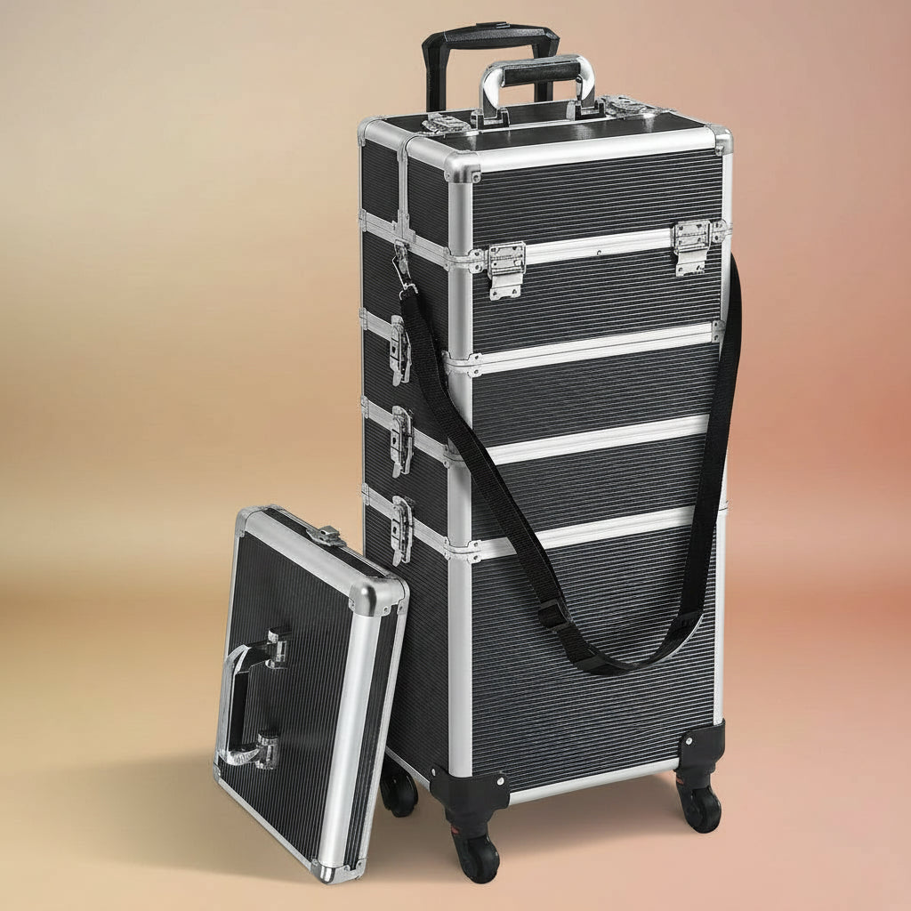 4 in 1 Professional Makeup Train Case Aluminum Cosmetic Case Rolling Makeup Case Extra Large Trolley Makeup Travel Organizer, with 360° Swivel Wheels, Black