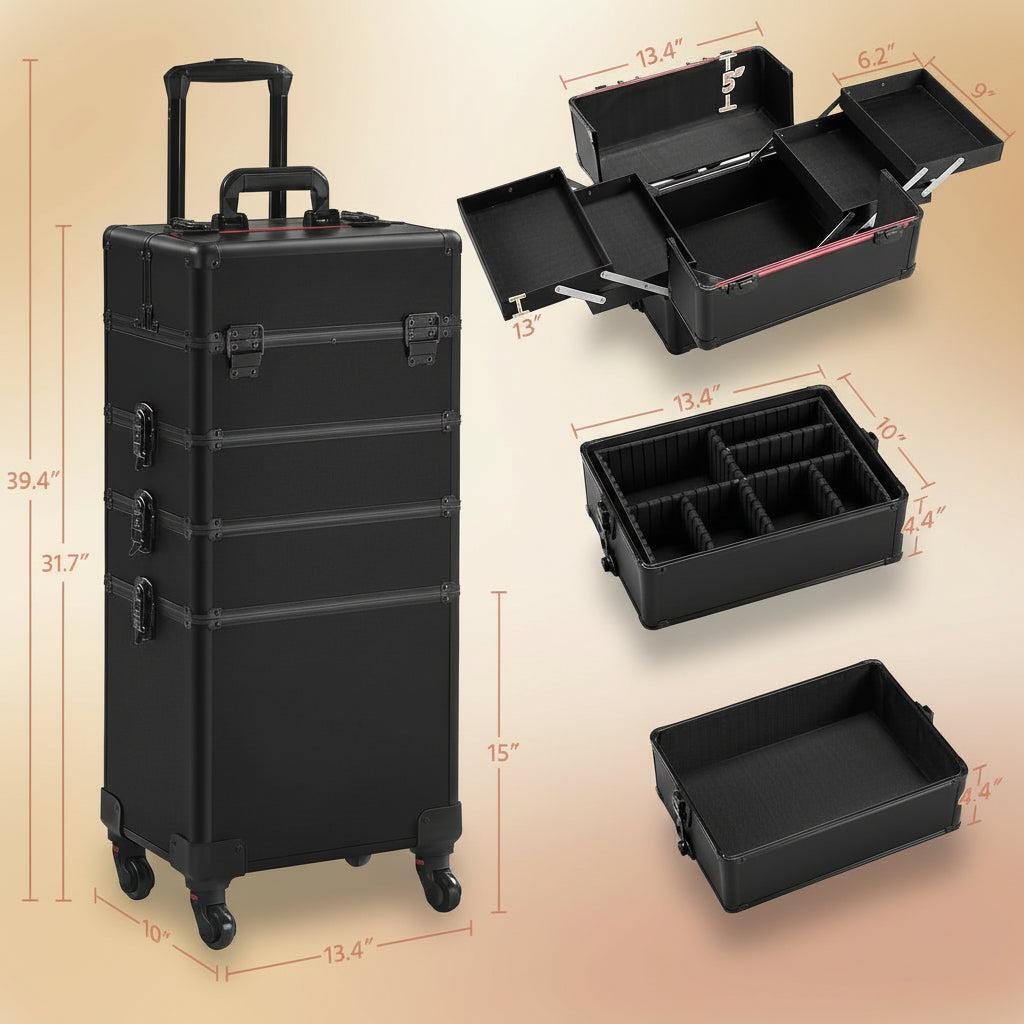 4 in 1 Professional Makeup Train Case Aluminum Cosmetic Case Rolling Makeup Case Extra Large Trolley Makeup Travel Organizer, with 360° Swivel Wheels, Black