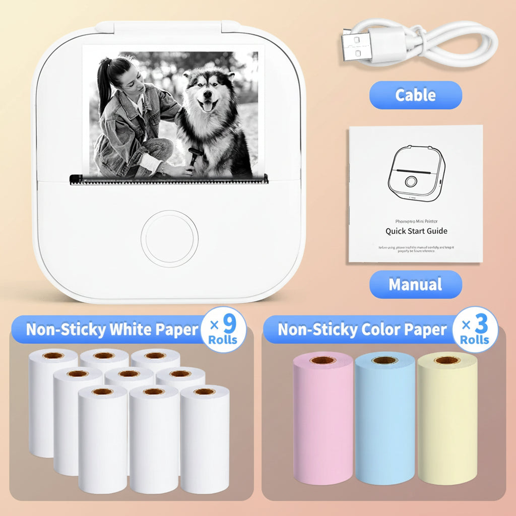 -Portable Mini Thermal Printer, T02 Pocket Label Printer, DIY Self-Adhesive Sticker Label Machine, Various Paper