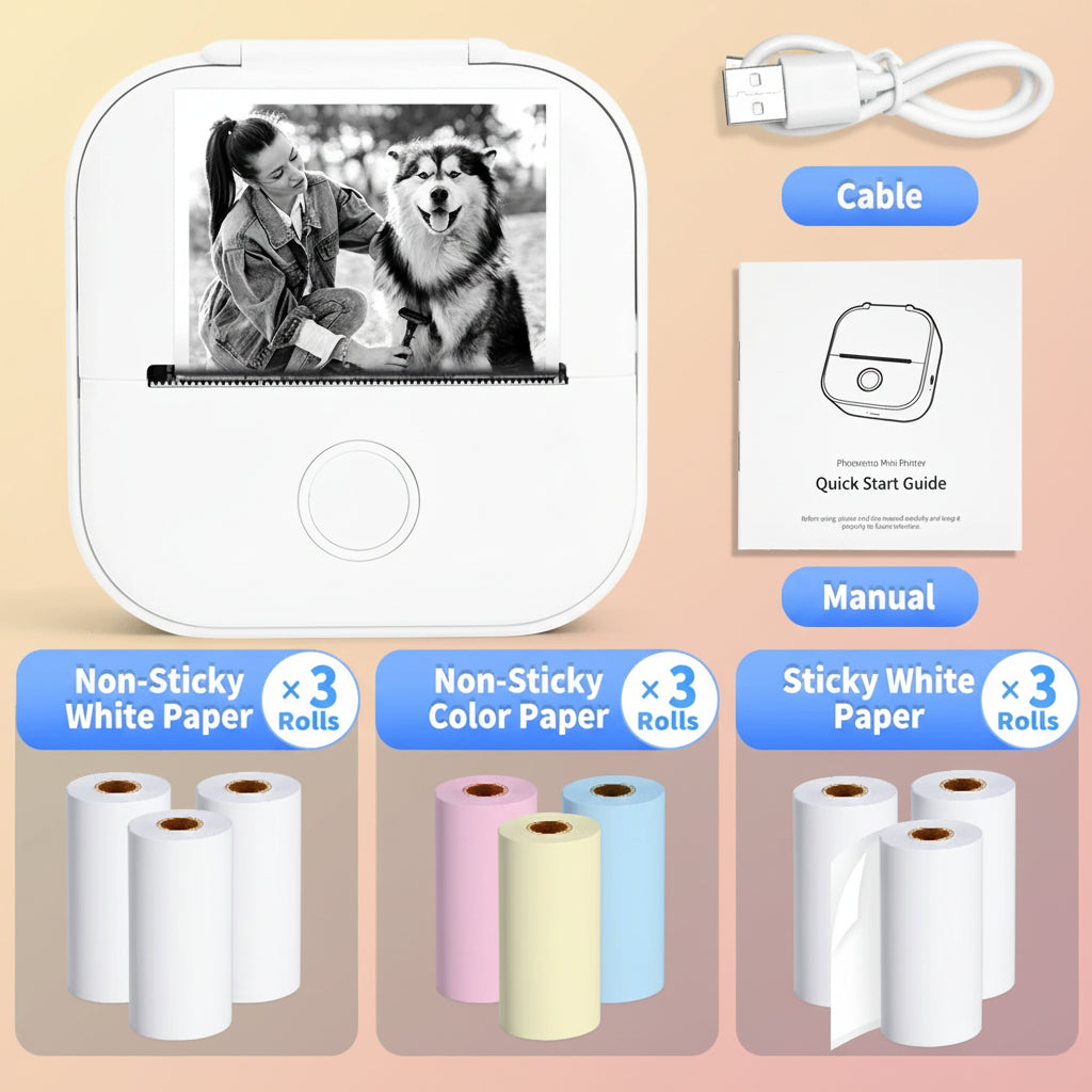 -Portable Mini Thermal Printer, T02 Pocket Label Printer, DIY Self-Adhesive Sticker Label Machine, Various Paper
