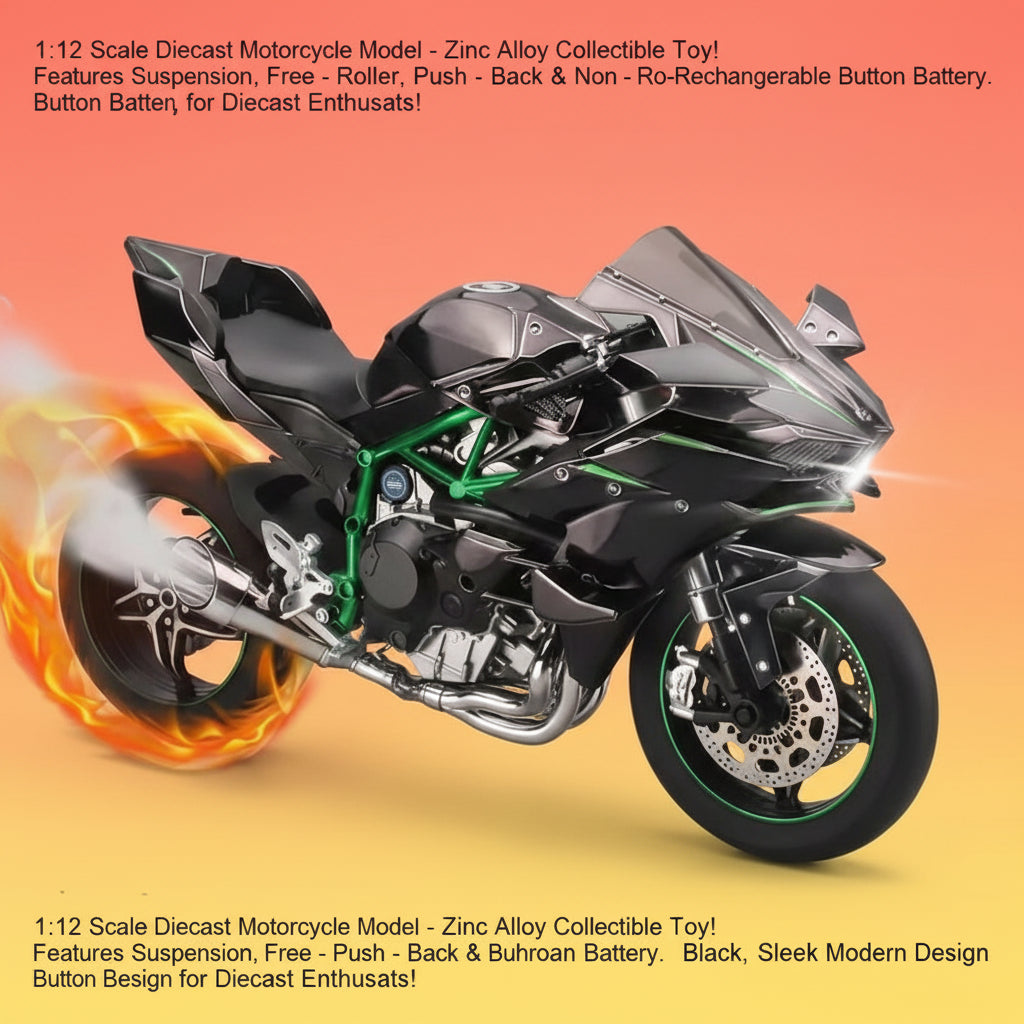 1:12 Scale Diecast Motorcycle Model - Zinc Alloy Collectible Toy! Features Suspension, Free - Roller, Push - Back & Non - Rechargeable Button Battery. Black, Sleek Modern Design for Diecast Enthusiasts!