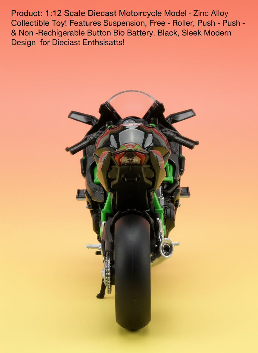 1:12 Scale Diecast Motorcycle Model - Zinc Alloy Collectible Toy! Features Suspension, Free - Roller, Push - Back & Non - Rechargeable Button Battery. Black, Sleek Modern Design for Diecast Enthusiasts!