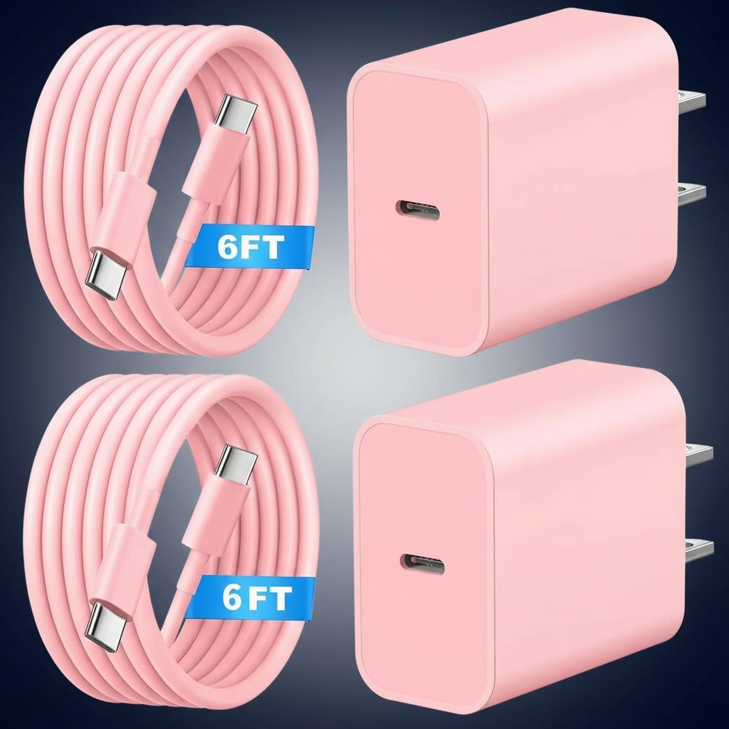 2 Pack Pink USB C Charger Blocks with 6FT Cords for iPhone 17/16/15 - Compatible with iPhone Air, Pro & Max Models