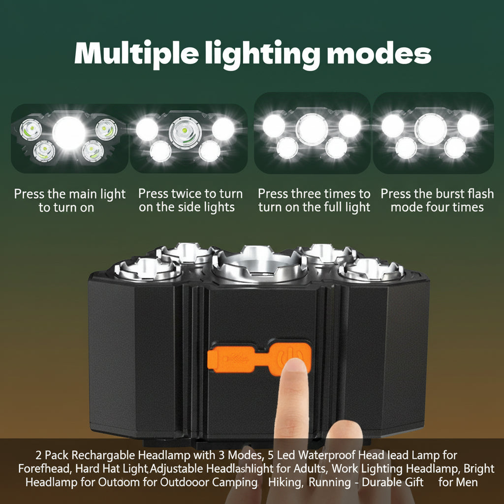 2 Pack Rechargable Headlamp with 3 Modes, 5 Led Waterproof Head Lamp for Forehead, Hard Hat Light, Adjustable Head Flashlight for Adults, Work Lighting Headlamp, Bright Coast Headlamp for Outdoor Camping, Hiking, Running - Durable Gift for Men