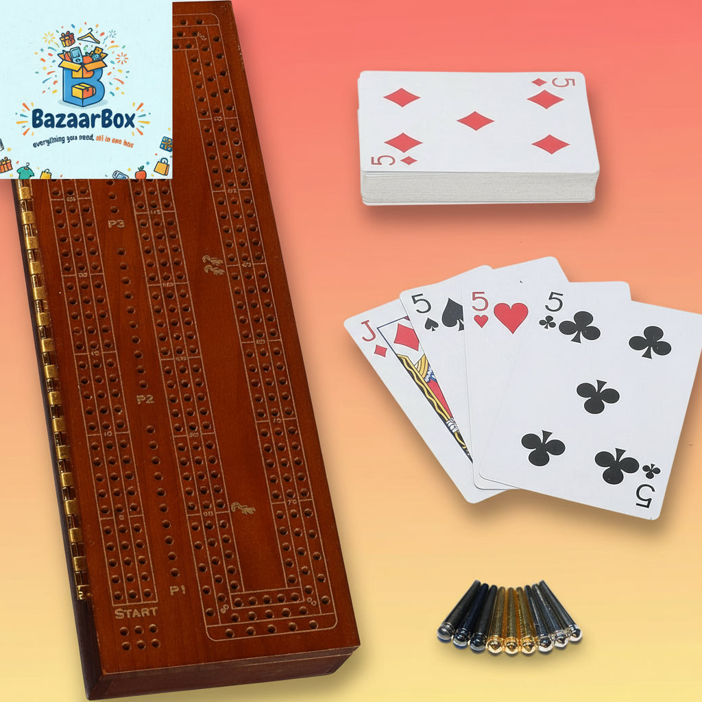 3 Player Wood Cribbage Set - Easy Grip Pegs and 2 Decks of Cards inside of Board - Walnut Stained