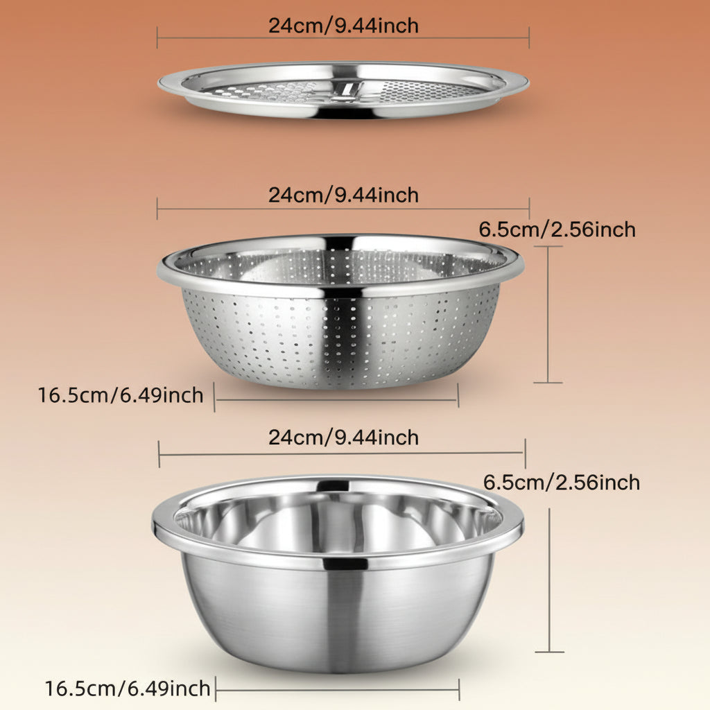 3-In-1 Stainless Steel Multi-Functional Strainer Set, Includes Basin/Sieve/Cutter, Ideal for Washing Rice Fruits Vegetables Kitchen Essentials