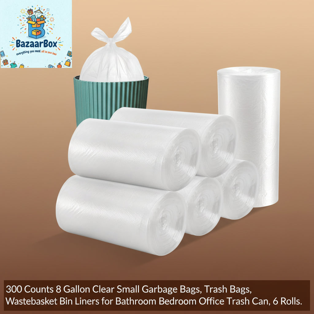 300 Counts 8 Gallon Clear Small Garbage Bags Trash Bags, Wastebasket Bin Liners for Bathroom Bedroom Office Trash Can, 6 Rolls