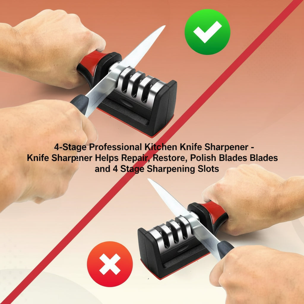 4-Stage Professional Kitchen Knife Sharpener - Knife Sharpener Helps Repair, Restore, Polish Blades and 4 Stage Sharpening Slots