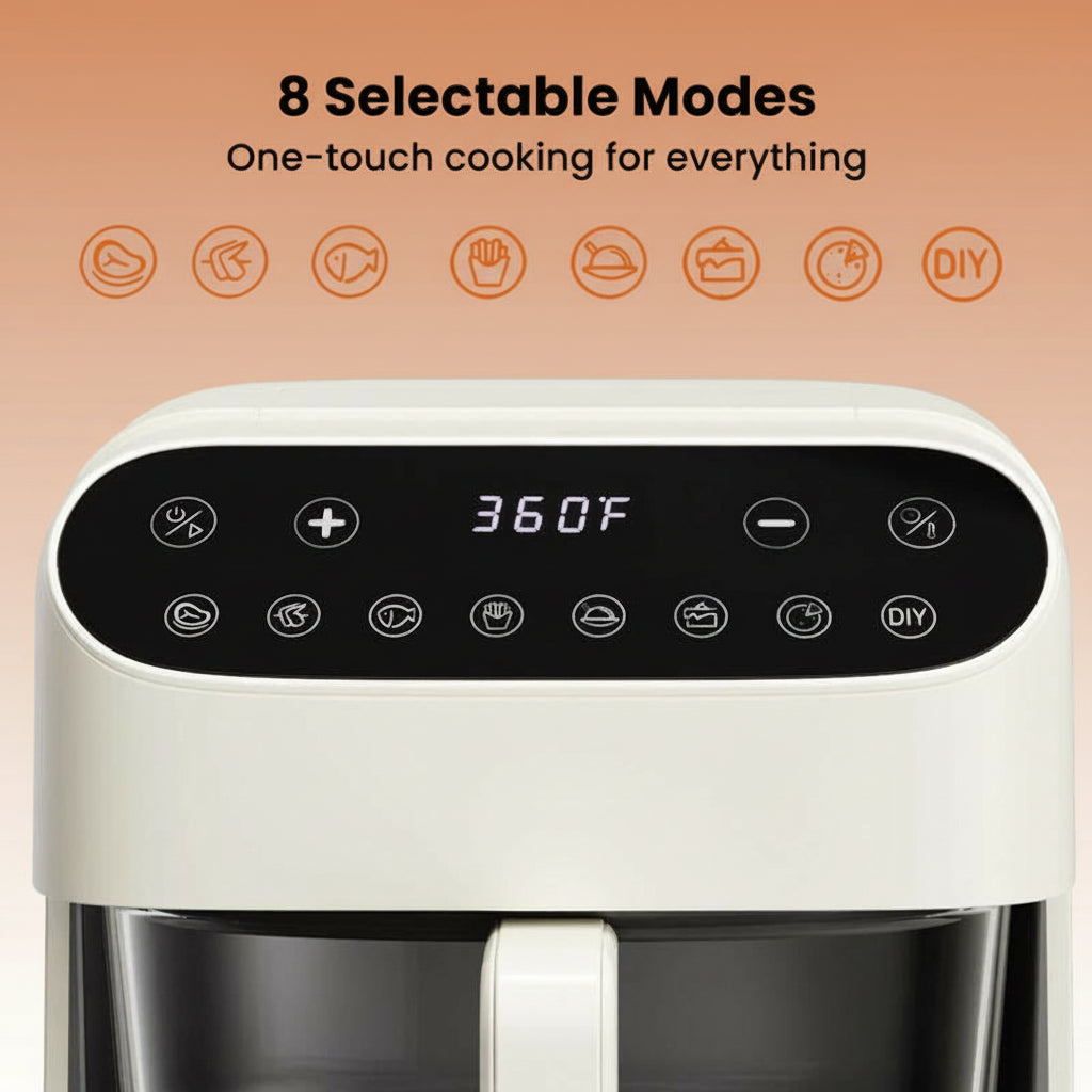 4.5 QT Glass Air Fryer - Pfas-Free & Dishwasher-Safe Basket, 8 Preset Touchscreen, 360° View Cooking, for Healthy Meals in Minutes - White