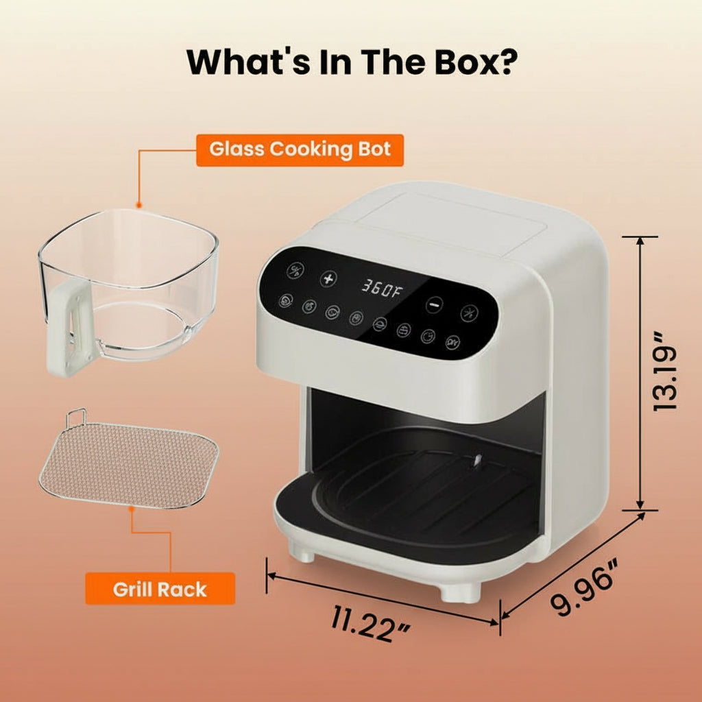 4.5 QT Glass Air Fryer - Pfas-Free & Dishwasher-Safe Basket, 8 Preset Touchscreen, 360° View Cooking, for Healthy Meals in Minutes - White