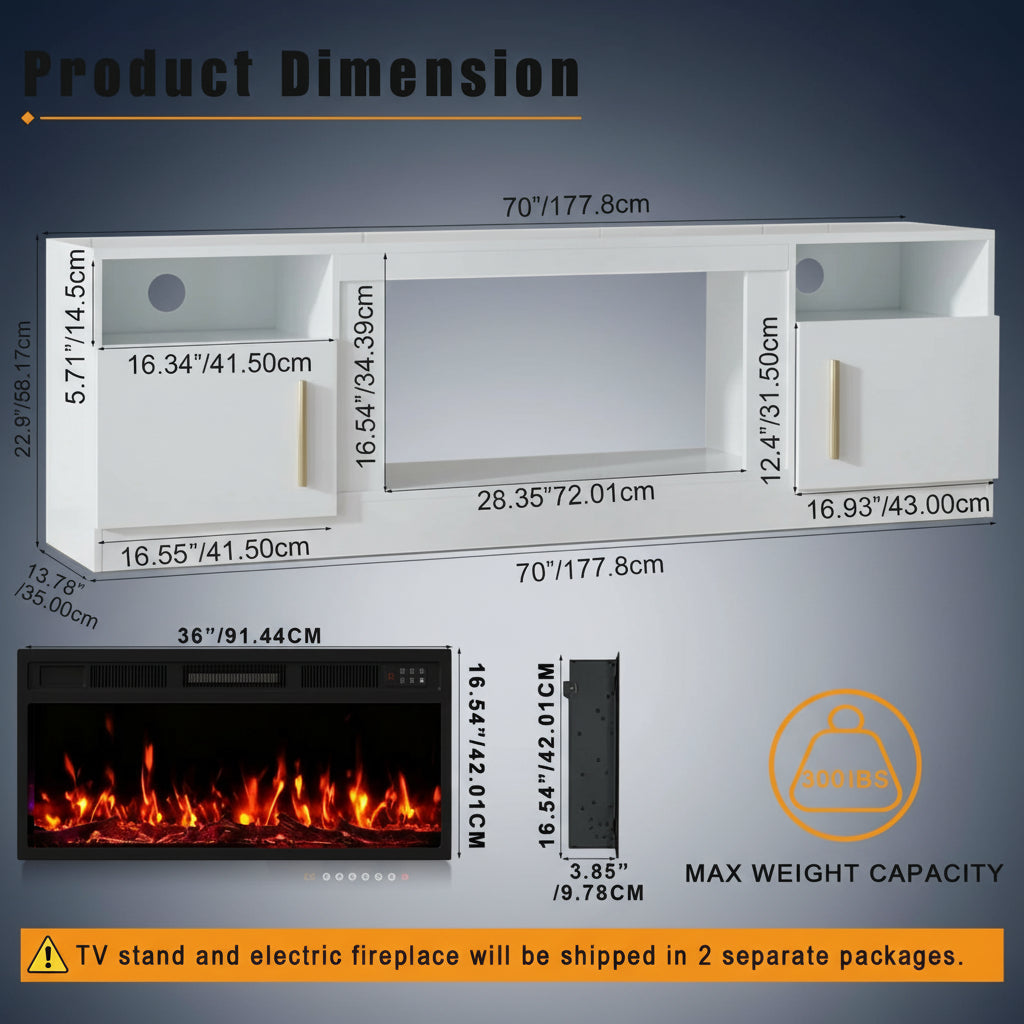 70Inch Cable Management Television Stand with Electric Fireplace, Wood White
