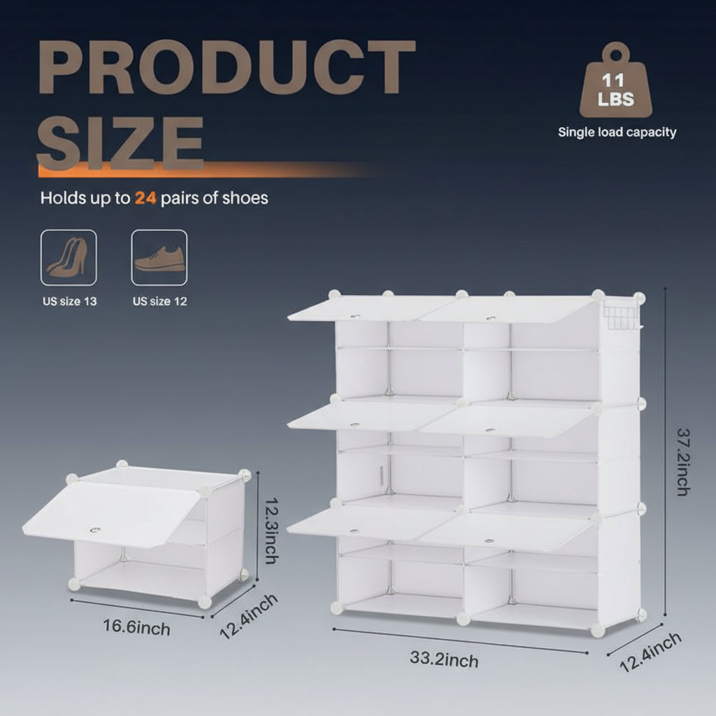 6/8-Tier Shoe Cabinet, 24/32-Tier Capacity, with Side Hooks, Sturdy Metal Frame, and Black and White Plastic Panel Shelves. Suitable for Entryways, Living Rooms, and Walk-In Closets