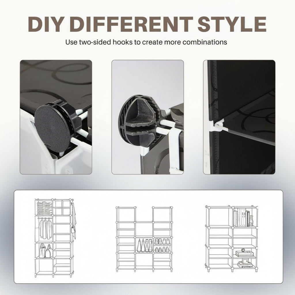 6/8-Tier Shoe Cabinet, 24/32-Tier Capacity, with Side Hooks, Sturdy Metal Frame, and Black and White Plastic Panel Shelves. Suitable for Entryways, Living Rooms, and Walk-In Closets