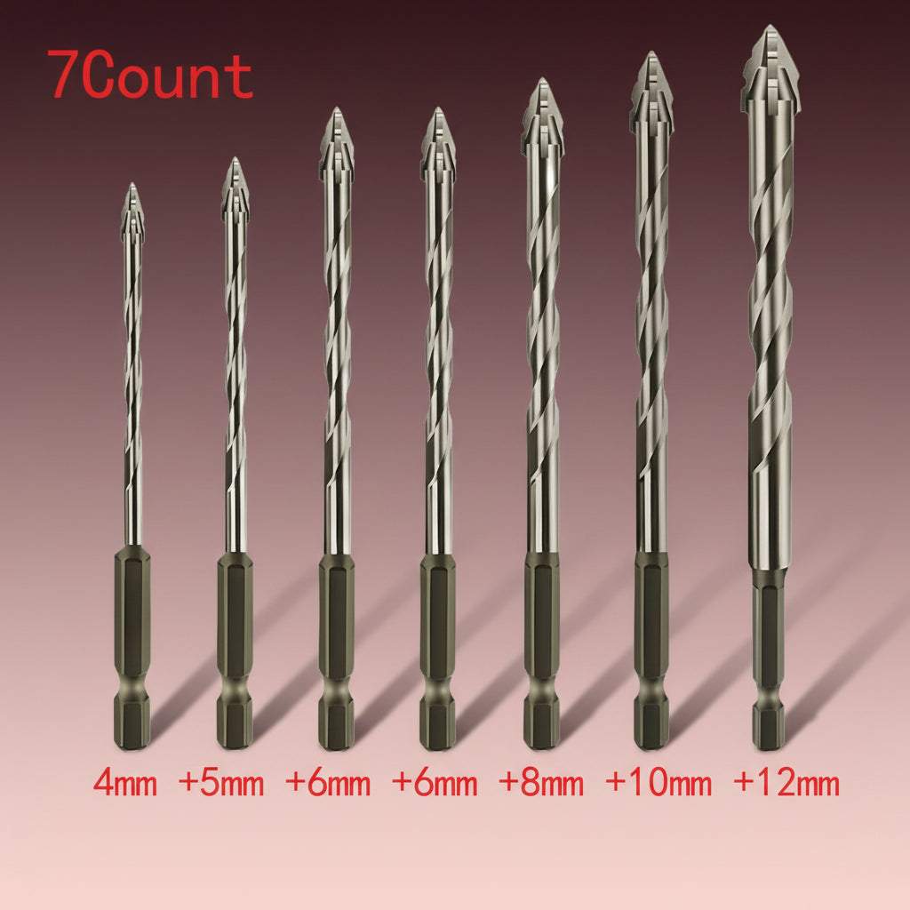 7 Count Masonry Drill Bit Set with Industrial Carbide Tip, Sawtooth Eccentric Design, Ideal for Drilling Tiles, Ceramics, Glass, Marble, Concrete, Stainless Steel.