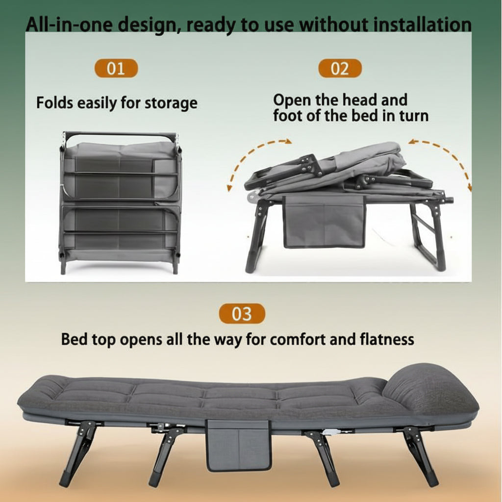 71-79 Inch Portable Folding Camping Bed with Adjustable Backrest, Heavy-Duty Frame, Suitable for Sleeping, Travel, Office, Indoor and Outdoor Use, Strong Load-Bearing Capacity