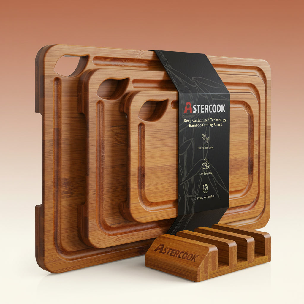 Astercook 4-Piece Bamboo Cutting Board Set with Holder Composite Side Cutting Board for Kitchen Use Chopping Kitchen Knives
