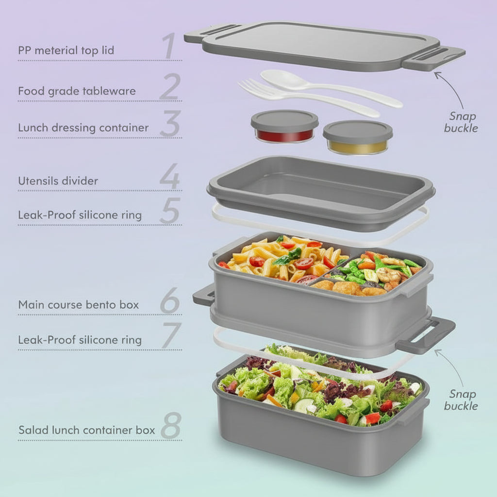 Adult Lunch Box Kids 3 Layers Stackable,Bento Lunch Box 72Oz Large Capacity Leak-Proof with Sauce Containers for Work,School,Outside Tableware Grey