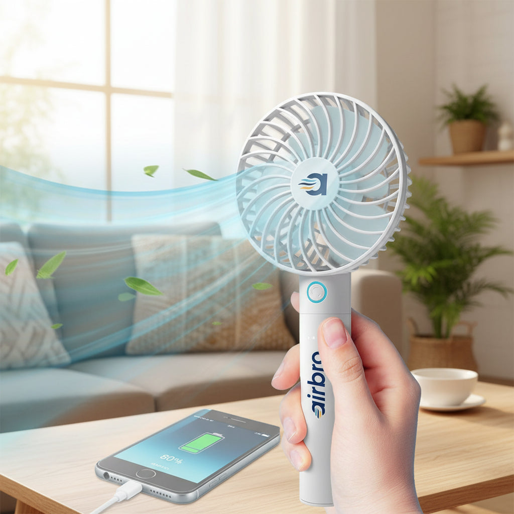 Airbro FHA-30 Handheld Portable Fan with 2600Mah Power Bank, 6-Blade Design, 3 Adjustable Speeds, and Charging Dock - Frosted White