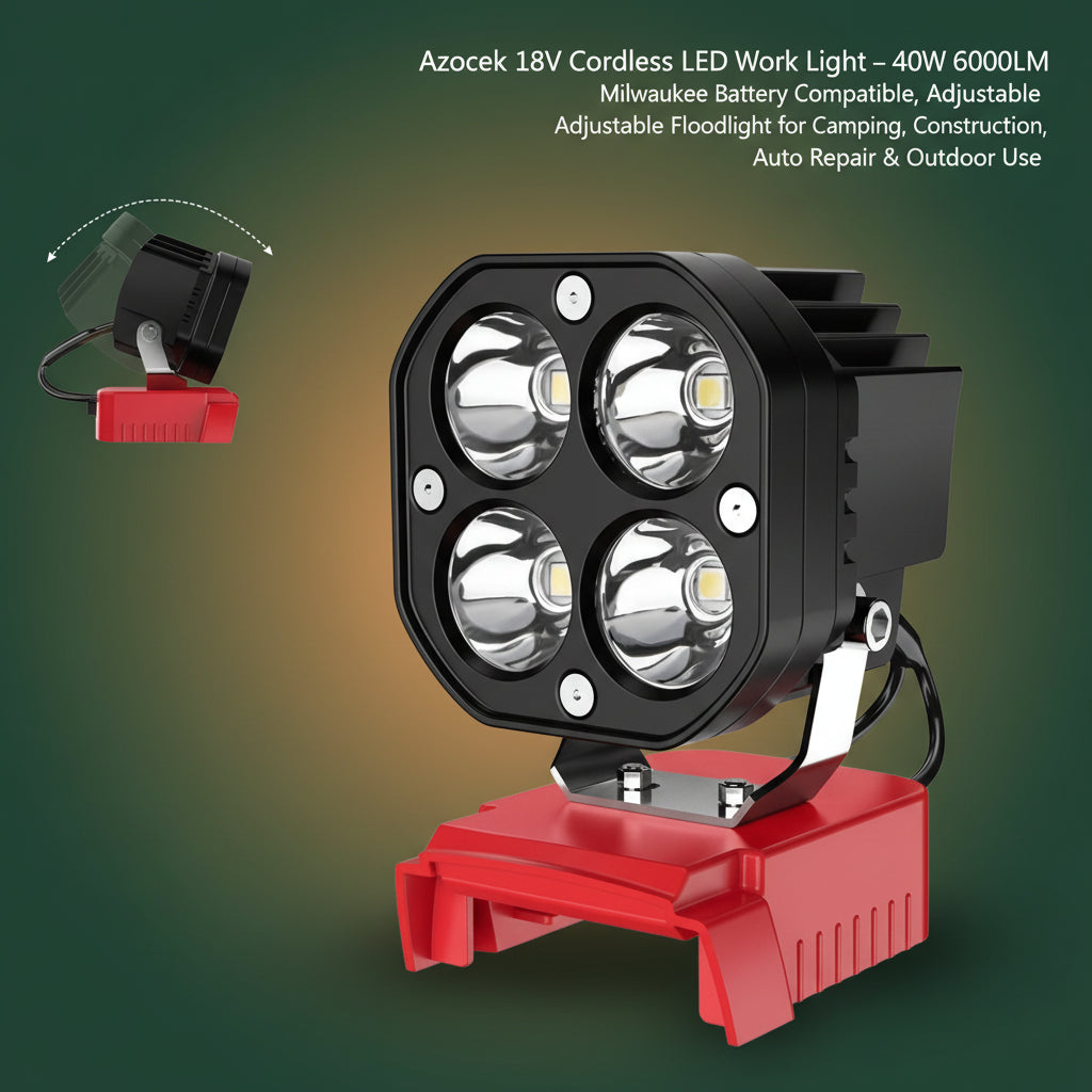 Azocek 18V Cordless LED Work Light – 40W 6000LM Milwaukee Battery Compatible, Adjustable Floodlight for Camping, Construction, Auto Repair & Outdoor Use