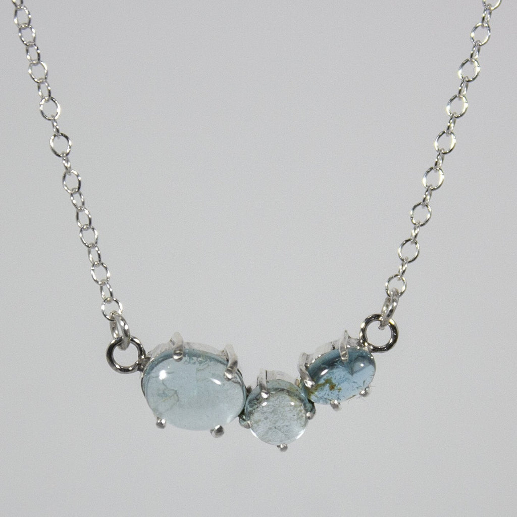 Aquamarine Sterling Silver Necklace 3 Stone Pendant