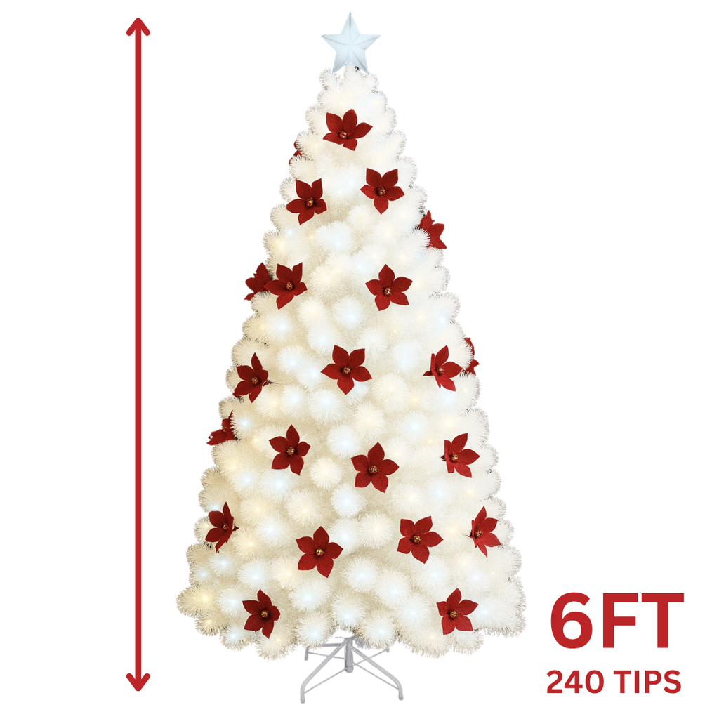 6FT Artificial Christmas Tree with Lights 240 Tips – White with Poinsettias, Green with Bows, or Green with Pinecones (AA2024-11-0903 / 0904 / 0905)