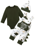Aulyffo Baby Boy Clothes 3-6 Months Infant Boy Clothes 3Pcs Baby Boy Outfits Long Sleeve Green Baby Boy Romper Dinosaur Clothes Baby Boy Overalls with Hat - # BAAA51210025