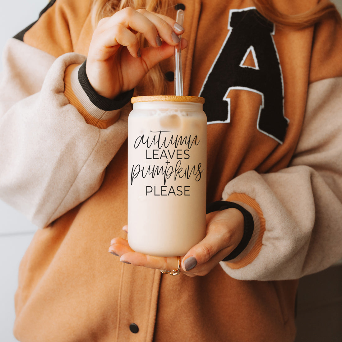 Autumn Leaves 20oz Glass Tumbler With Bamboo Lid, 2 Stainless Straws & Cleaner