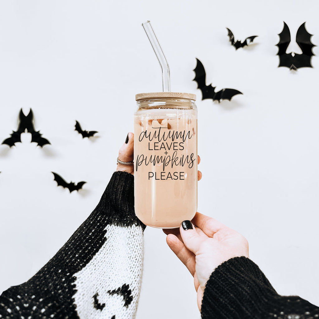 Autumn Leaves 20oz Glass Tumbler With Bamboo Lid, 2 Stainless Straws & Cleaner