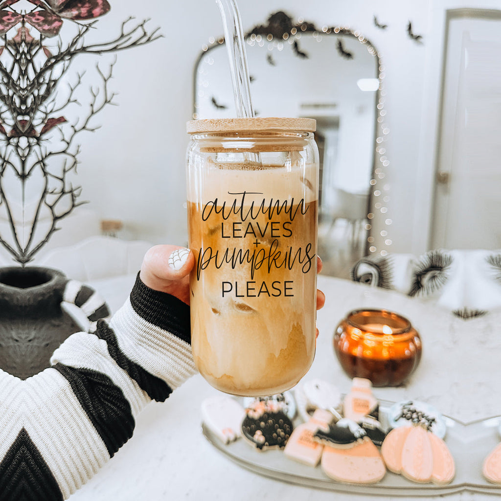 Autumn Leaves 20oz Glass Tumbler With Bamboo Lid, 2 Stainless Straws & Cleaner
