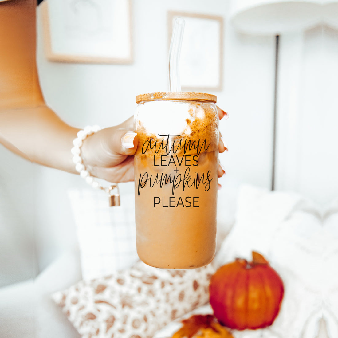 Autumn Leaves 20oz Glass Tumbler With Bamboo Lid, 2 Stainless Straws & Cleaner