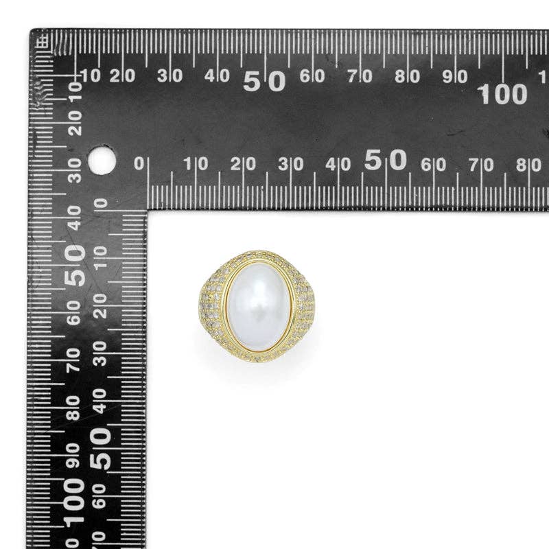 CZ Gold Oval White Pearl Statement Adjustable Ring, Sku#LX692