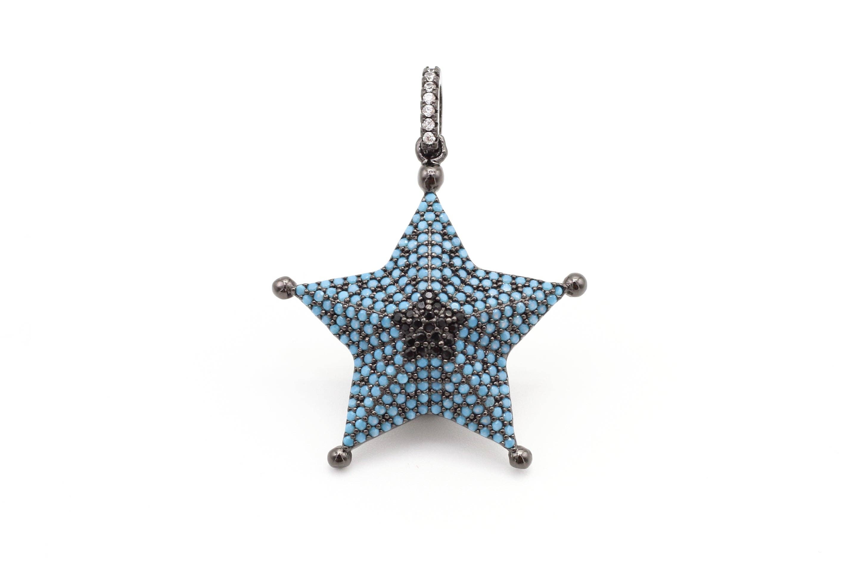 CZ Micro Pave 28x36mm Turquoise Star Pendant/Charm, Cubic Zirconia Pendant/Charm for Necklace Bracelet, Fashion Jewelry Findings, sku#F5