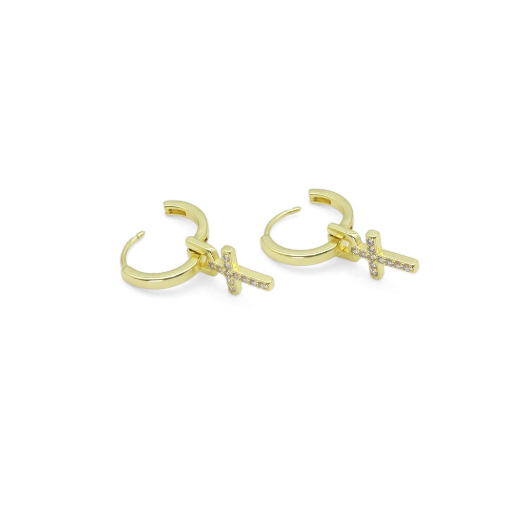 CZ Gold Cross Hoop Earrings, Sku#Y917