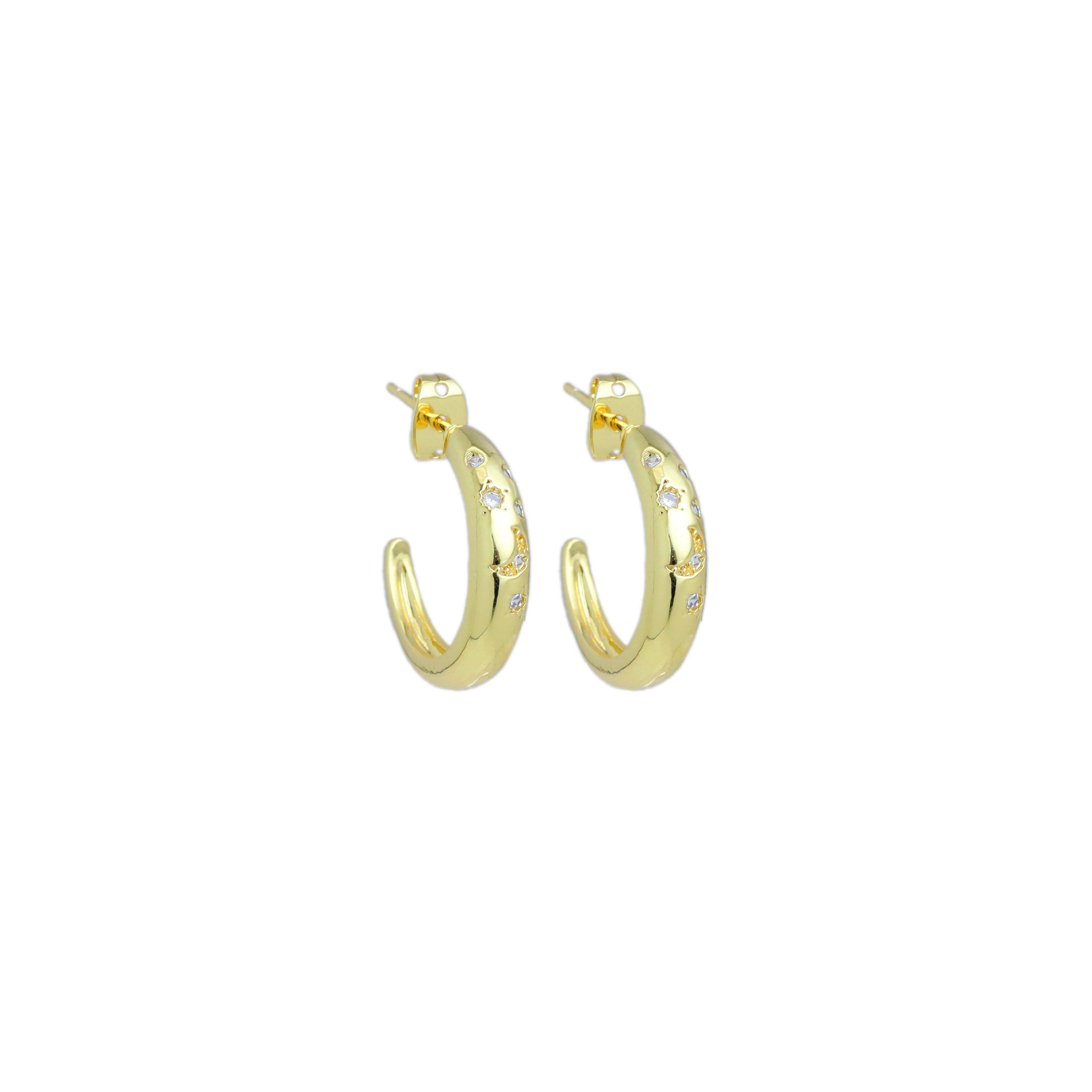 Gold Silver CZ Cresent Moon Star Hoop Earrings, Sku#LX637