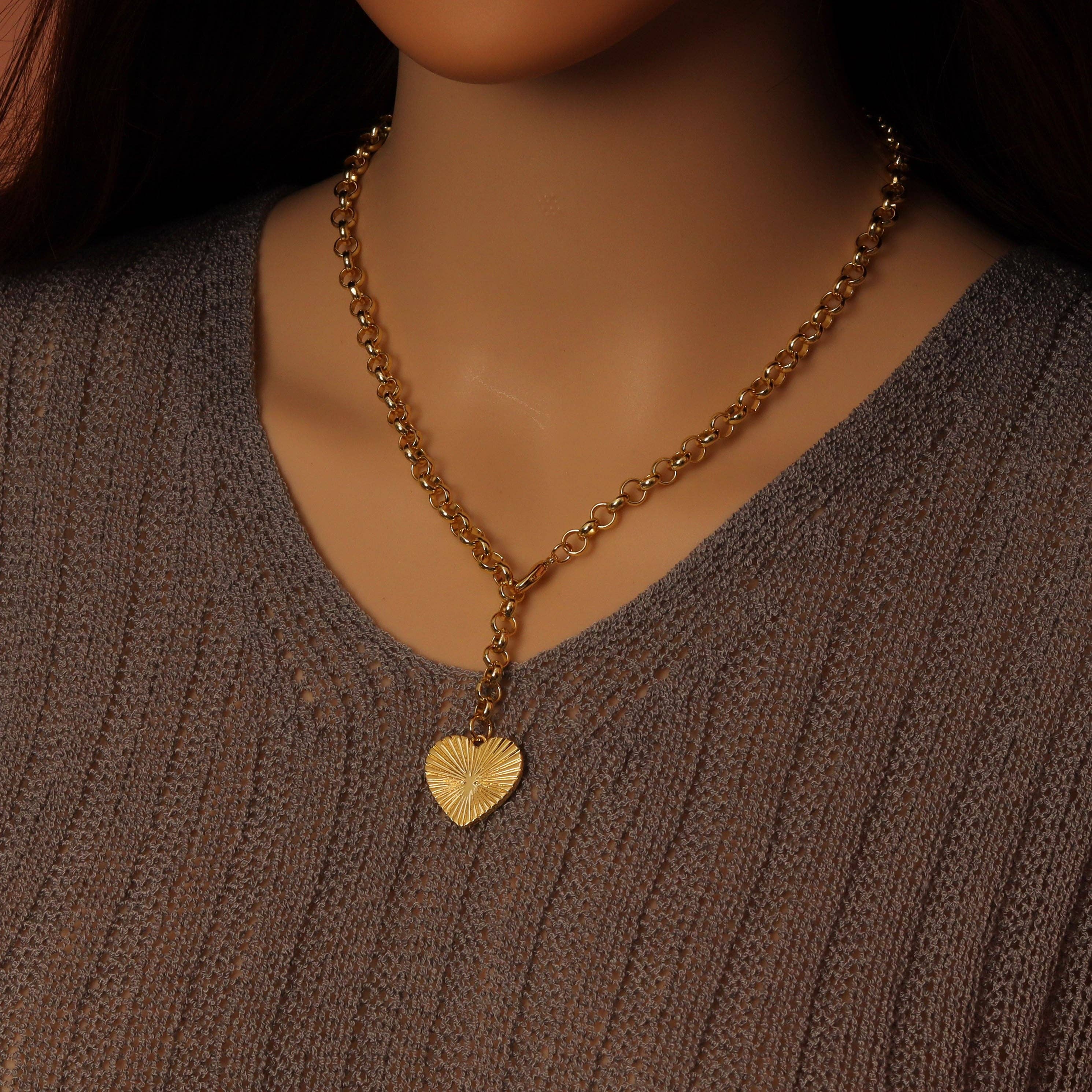 Gold Rolo Chain Heart Pendant Necklace, Sku#EF530