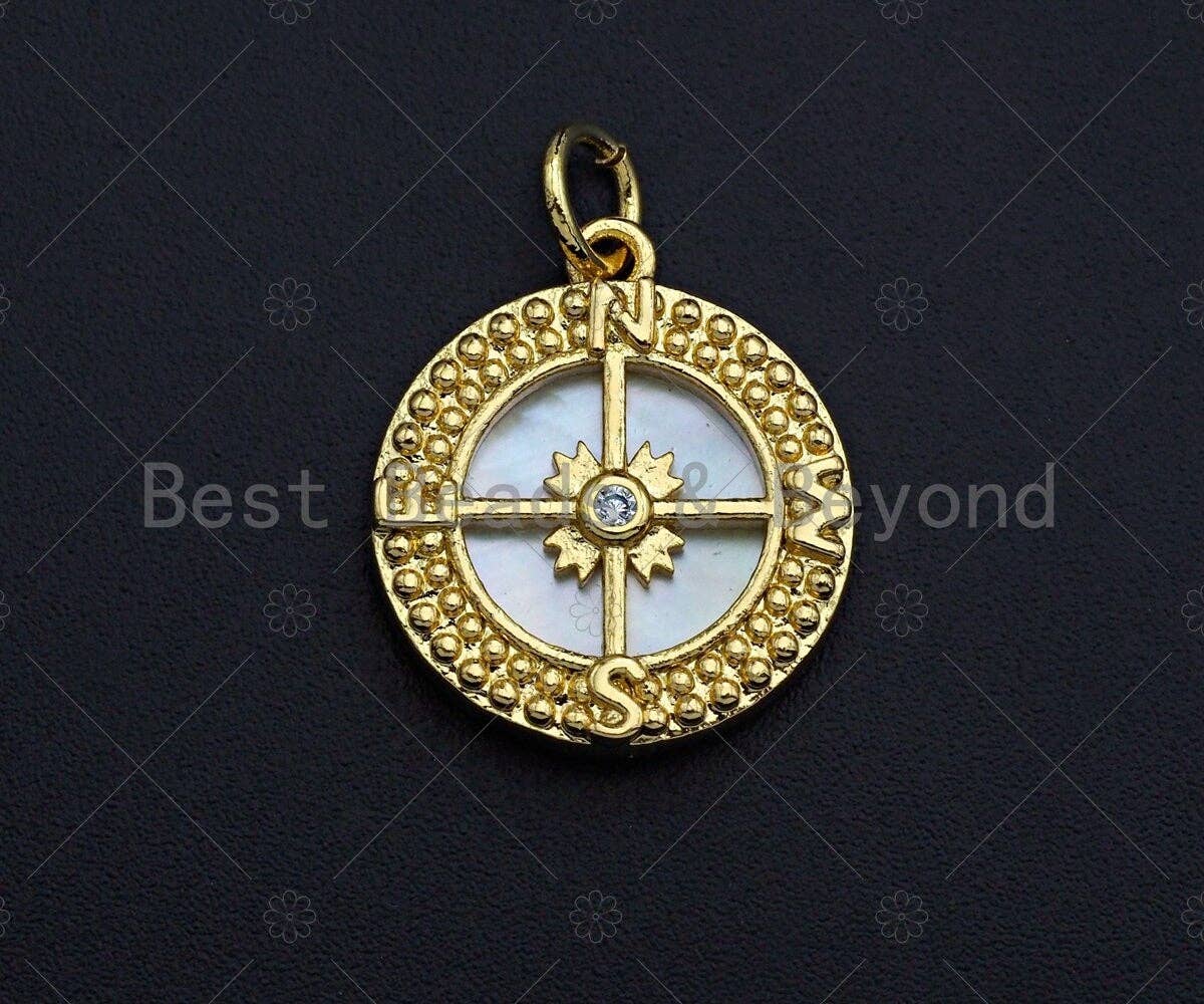18K Gold CZ Micro Pave Compass on Mother-of-pearl Pendant Charm, Cubic Zirconia Compass Cross Charm, 16mm,sku#Z1133